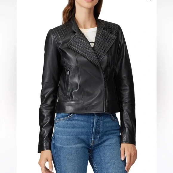 Slate & Willow Embossed Studs Moto Black 100% Leather Jacket Zipper Pockets XS/S - Picture 4 of 16